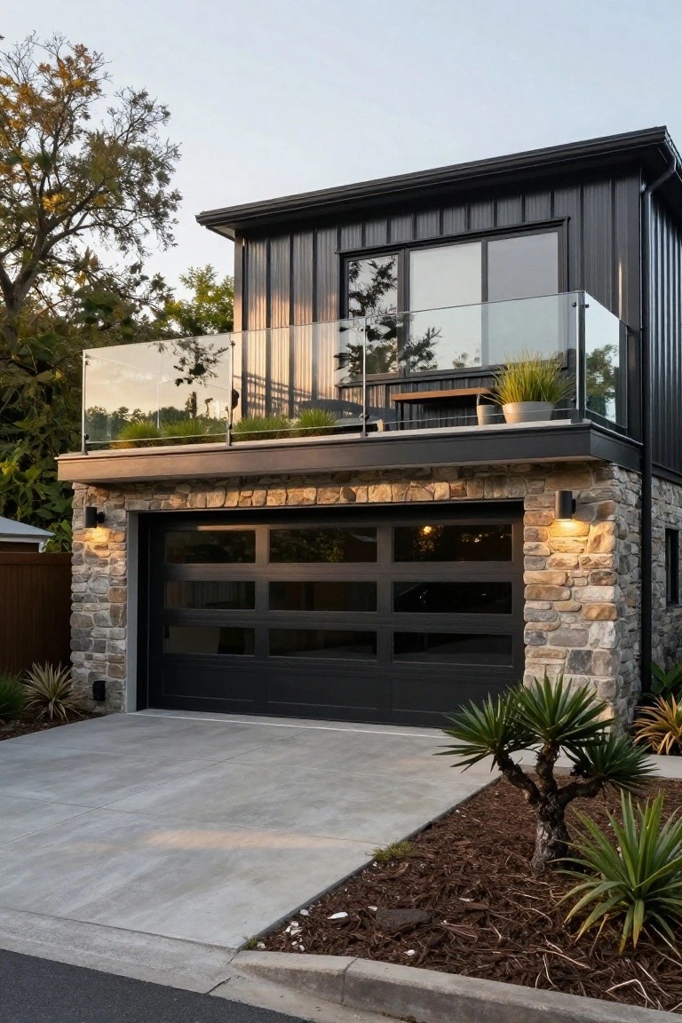 Exterior of a two-story modern home with black metal siding on the upper level, stone base around a black garage door, glass balcony railing, driveway, and low landscaping with agave plants.