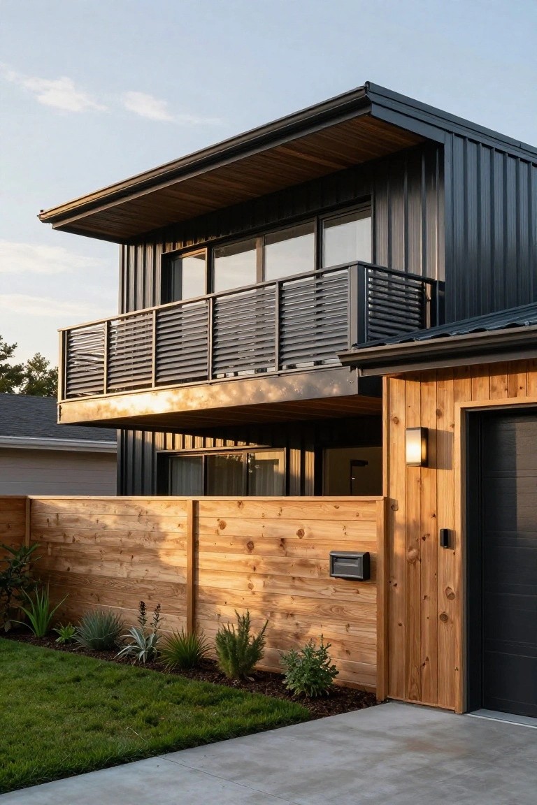 Side view of a two-story modern house with black corrugated metal siding on the upper cantilevered section, cedar wood on the garage and fence, balcony railing, and front grass with plants.