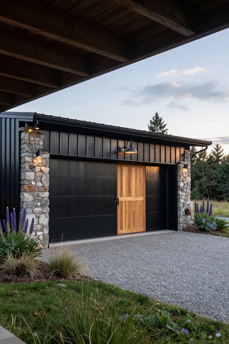 Black metal garage building with vertical siding under a wooden beam overhang, featuring a large wooden garage door flanked by stone pillars, landscape plants, gravel driveway, and trees in the background.