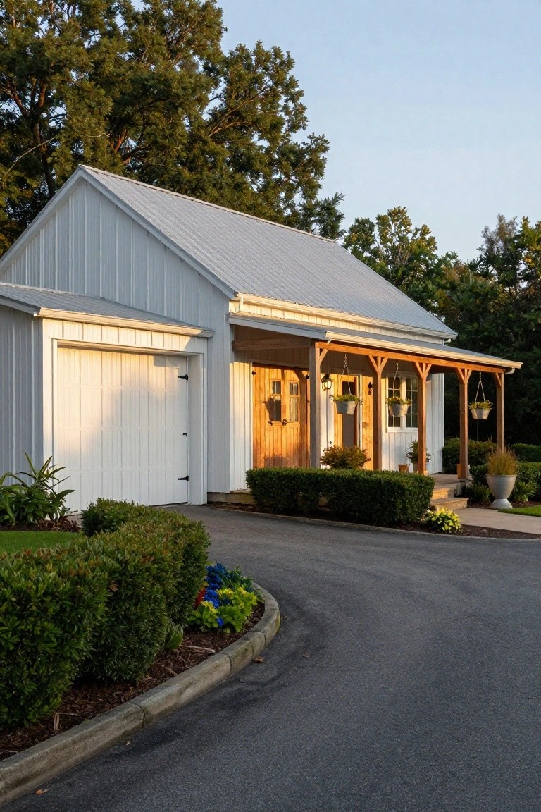 White board-and-batten metal garage building with gray metal roof and attached wooden porch featuring double doors, hanging planters, shrubs, flowers, and a curved driveway.