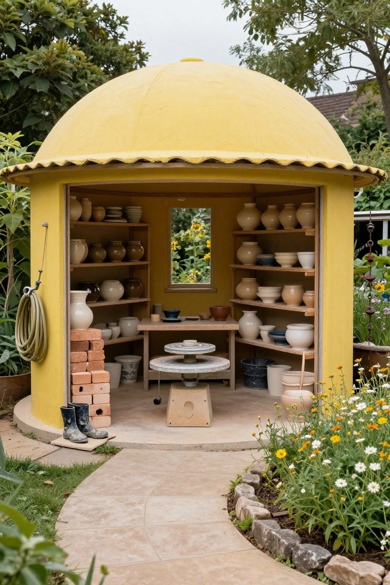 A yellow domed garden structure with an open front revealing interior shelves of pottery, a pottery wheel, and workbench, surrounded by plants, flowers, a hose, wellies, and a curved stone path in a backyard setting.