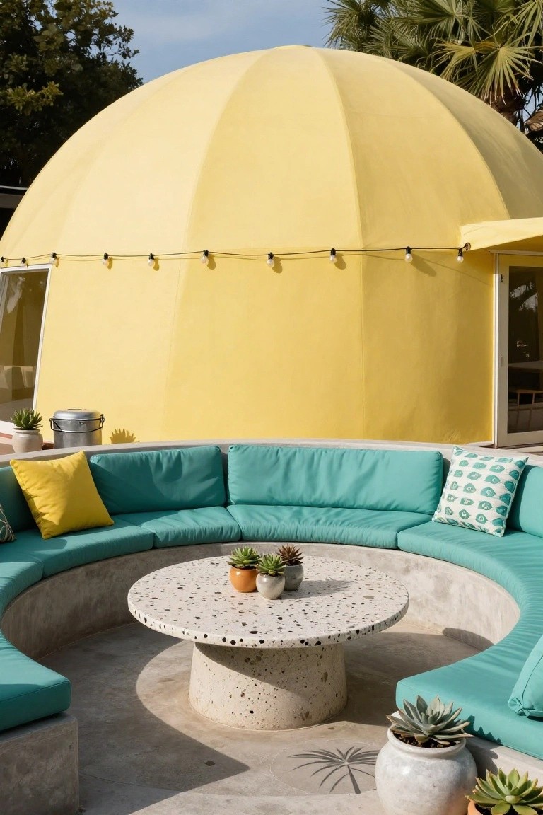 Yellow geodesic dome house next to a curved concrete banquette with teal cushions and yellow pillows encircling a terrazzo pedestal table, surrounded by potted succulents, string lights, and palm trees.