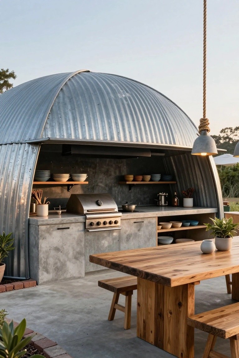 Curved corrugated metal dome pavilion housing an outdoor kitchen with concrete counters, gas grill, wooden shelves holding dishes and plants, and a wooden picnic table on a concrete patio nearby.