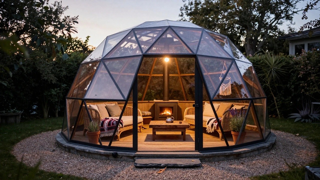 Geodesic dome greenhouse on elevated wooden deck with stone base, interior visible through glass walls showing wood-burning stove with fire, rattan seating, table, plants, and potted lavender, surrounded by garden plants and trees at dusk.