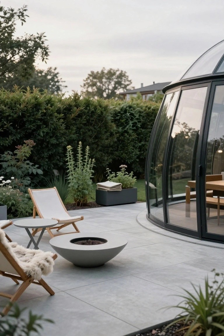 Curved black-framed glass dome structure adjacent to a gray stone patio with a central round concrete fire pit, two beige canvas lounge chairs with white sheepskin throws, a small matching table, potted plants, hedges, and trees in the background.