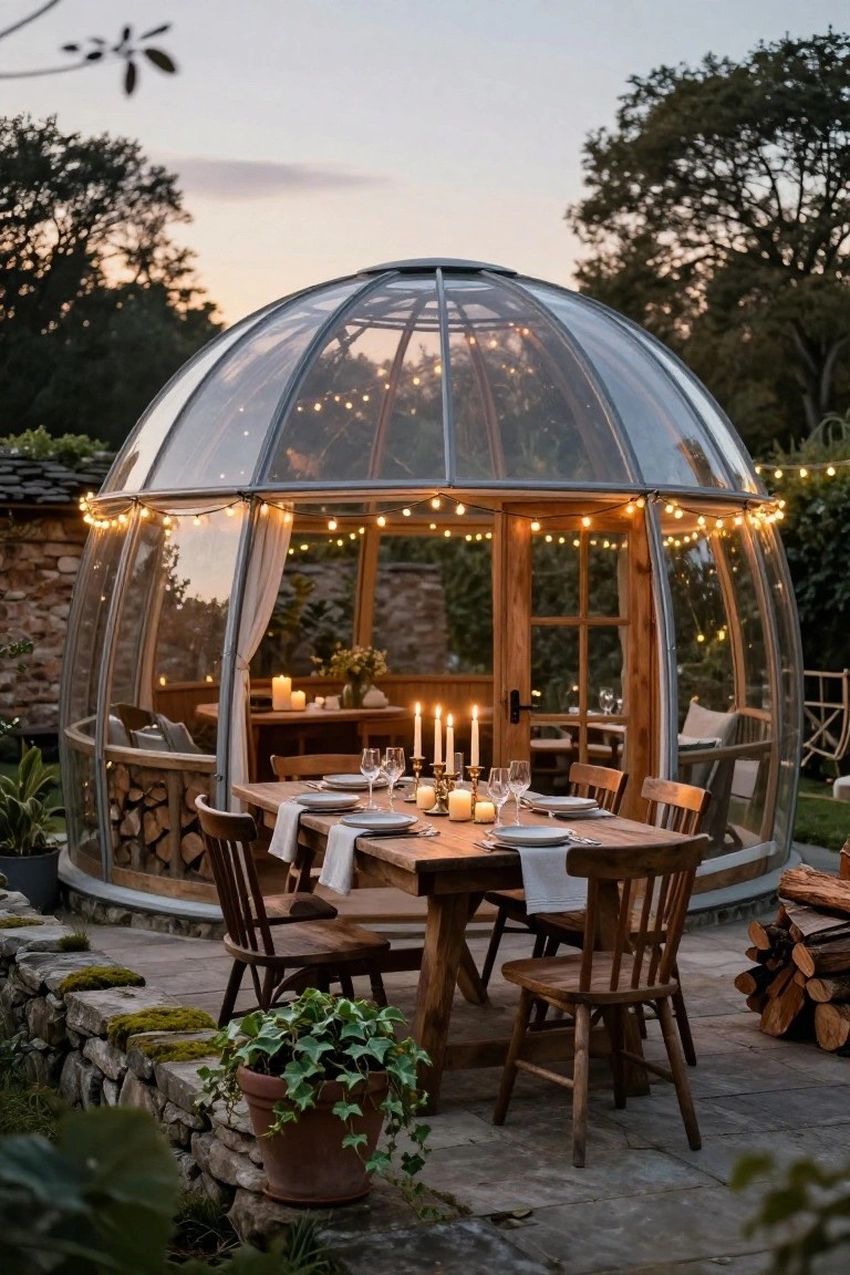 Geodesic dome garden house containing a wooden dining table set with white plates, wine glasses, candles, and chairs, with string lights, firewood stack, potted plants, and stone walls outside at dusk.