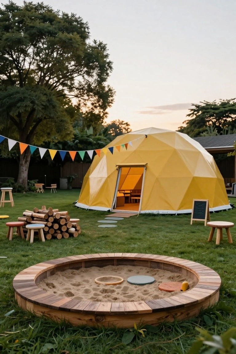 Yellow geodesic dome tent in a grassy backyard with surrounding trees, colorful bunting flags, small wooden stools and tables, stacked firewood, and a circular wooden sand pit containing sand and play toys.