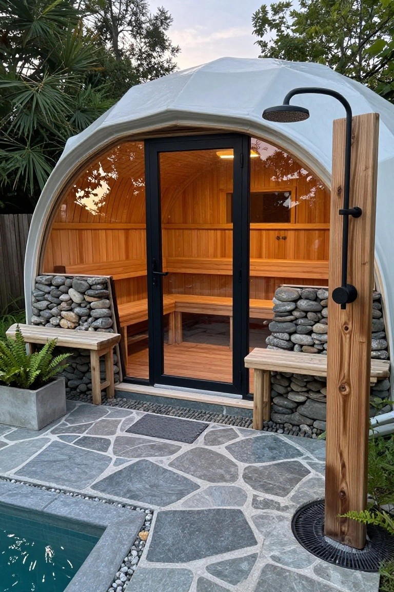 White geodesic dome sauna with curved wooden interior visible through a large glass door, next to an outdoor shower mounted on a wooden post surrounded by stacked rocks, on a stone paver patio adjacent to a pool in a garden with palms and ferns.