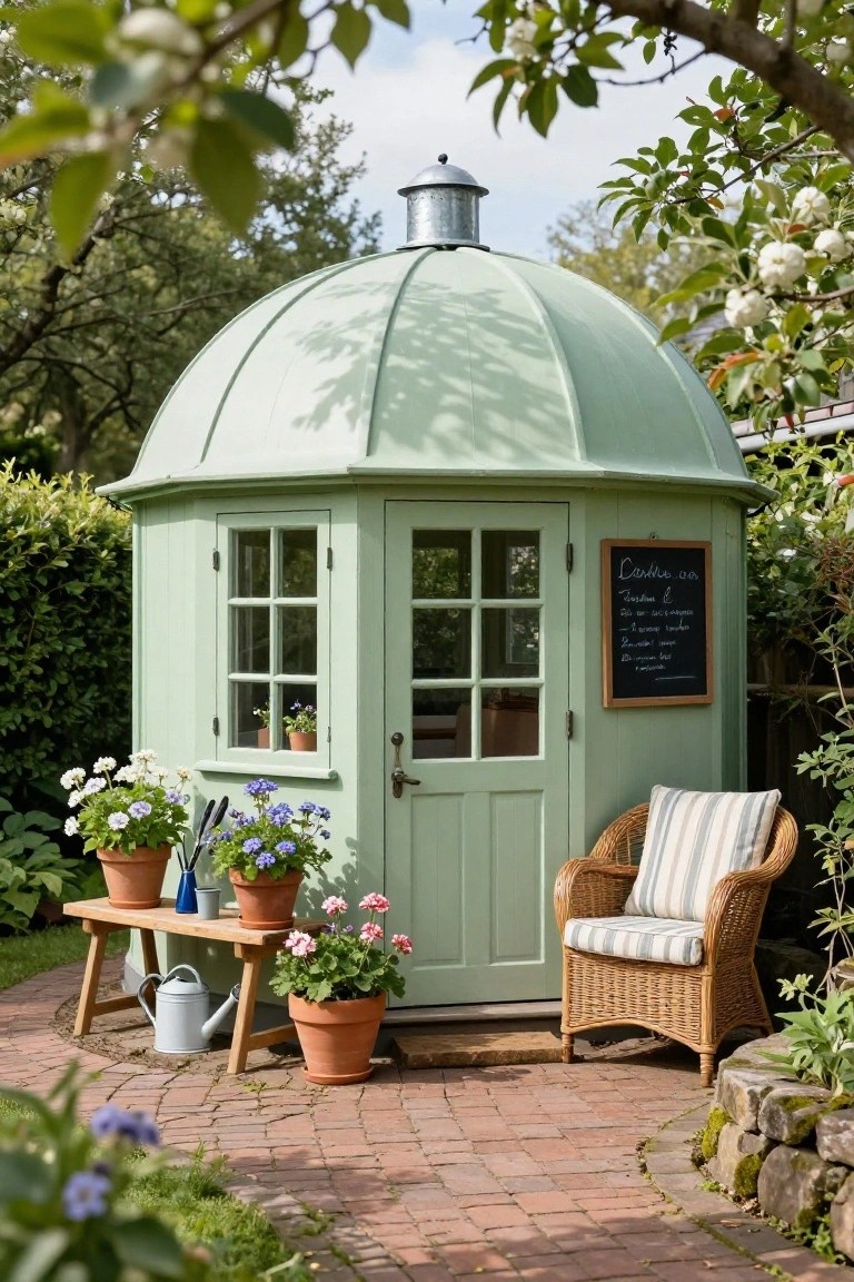 Octagonal wooden garden house painted pale green with a curved metal dome roof, featuring multi-pane windows, a chalkboard sign, potted flowers, a bench with watering can and tools, and a wicker armchair on a brick path surrounded by plants and trees.