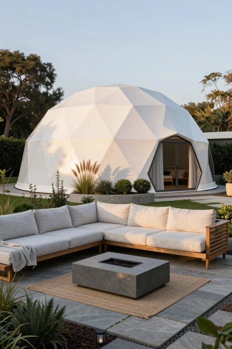 White geodesic dome structure with curved entry door open to an L-shaped light gray outdoor sofa surrounding a rectangular concrete fire pit table on a gray tiled patio with plants and landscaping around.