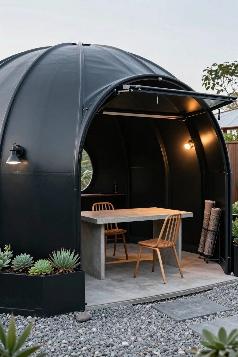 Black geodesic dome structure with open curved door revealing interior dining area with two wooden chairs at concrete table, black planter of succulents nearby, gravel yard with stone ground and agave plants.