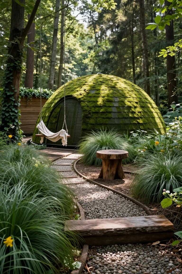 Moss-covered geodesic dome structure with wooden door and hanging fabric swing at the entrance, surrounded by forest trees, ornamental grasses, flowers, a tree stump stool, and curved gravel path with wooden edging.