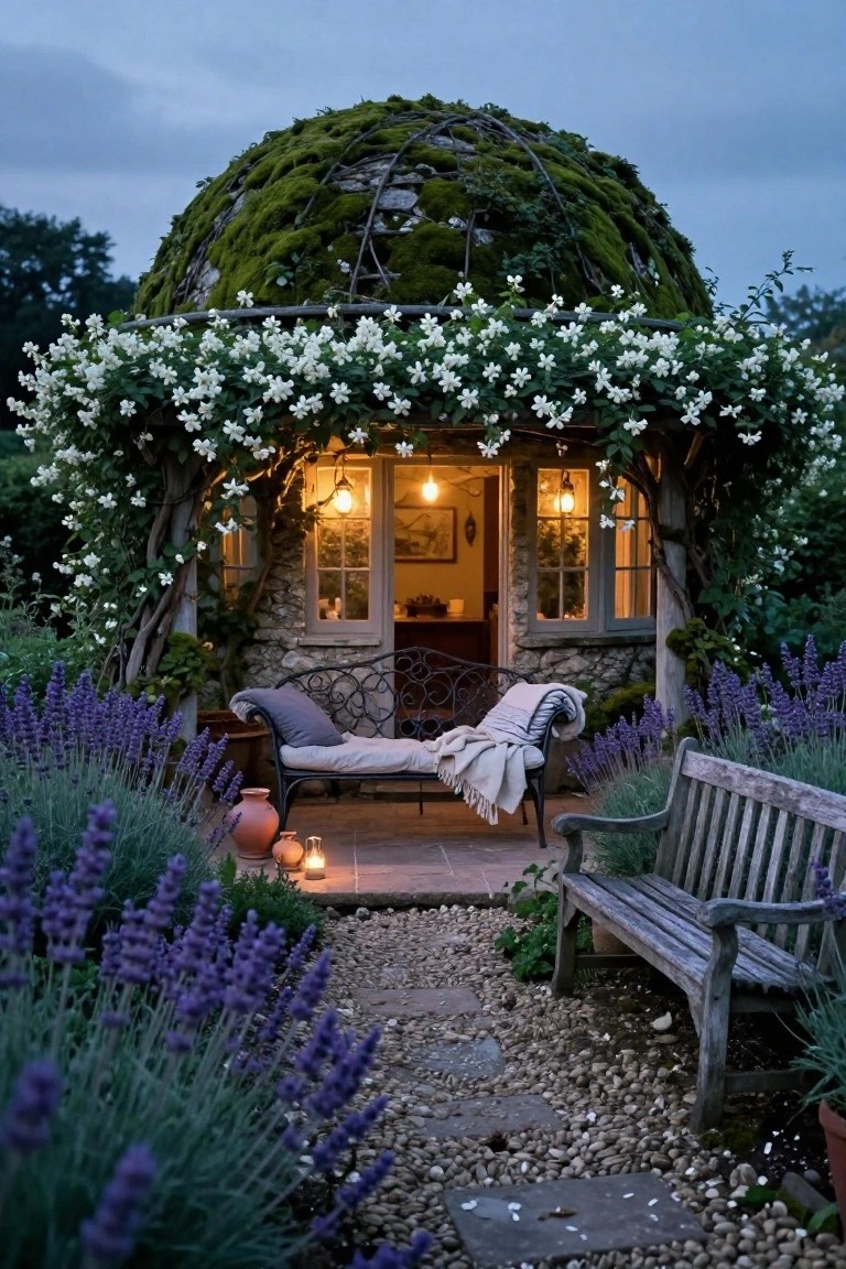 Moss-covered geodesic dome garden house with white flowering vines, stone base, open door showing interior light, stone patio with curved metal daybed draped in blankets, wooden bench, lavender plants, lanterns, and gravel path at dusk.