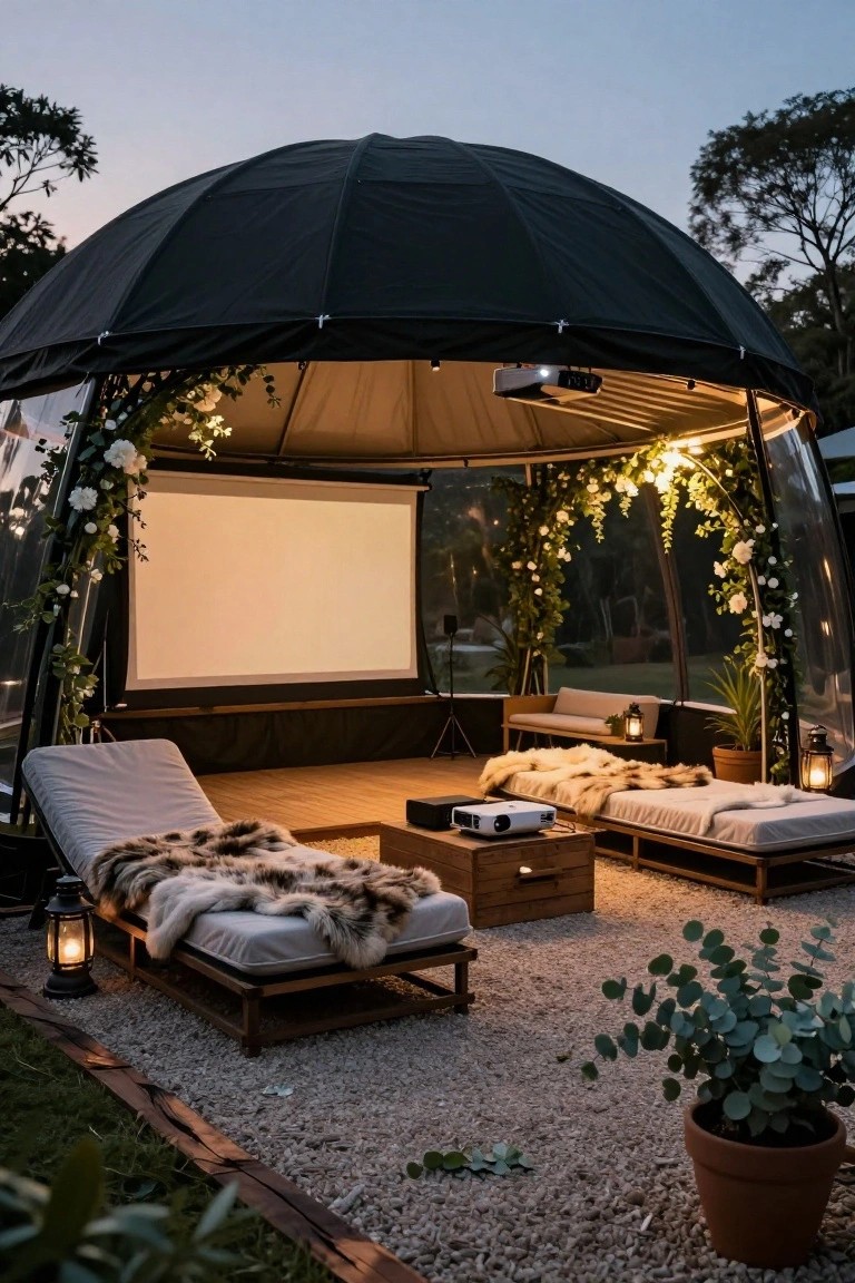 Black geodesic dome enclosure in a garden at dusk, set up with a projector screen, wooden loungers topped with fur blankets, lanterns, potted plants, and string lights on a gravel patio.