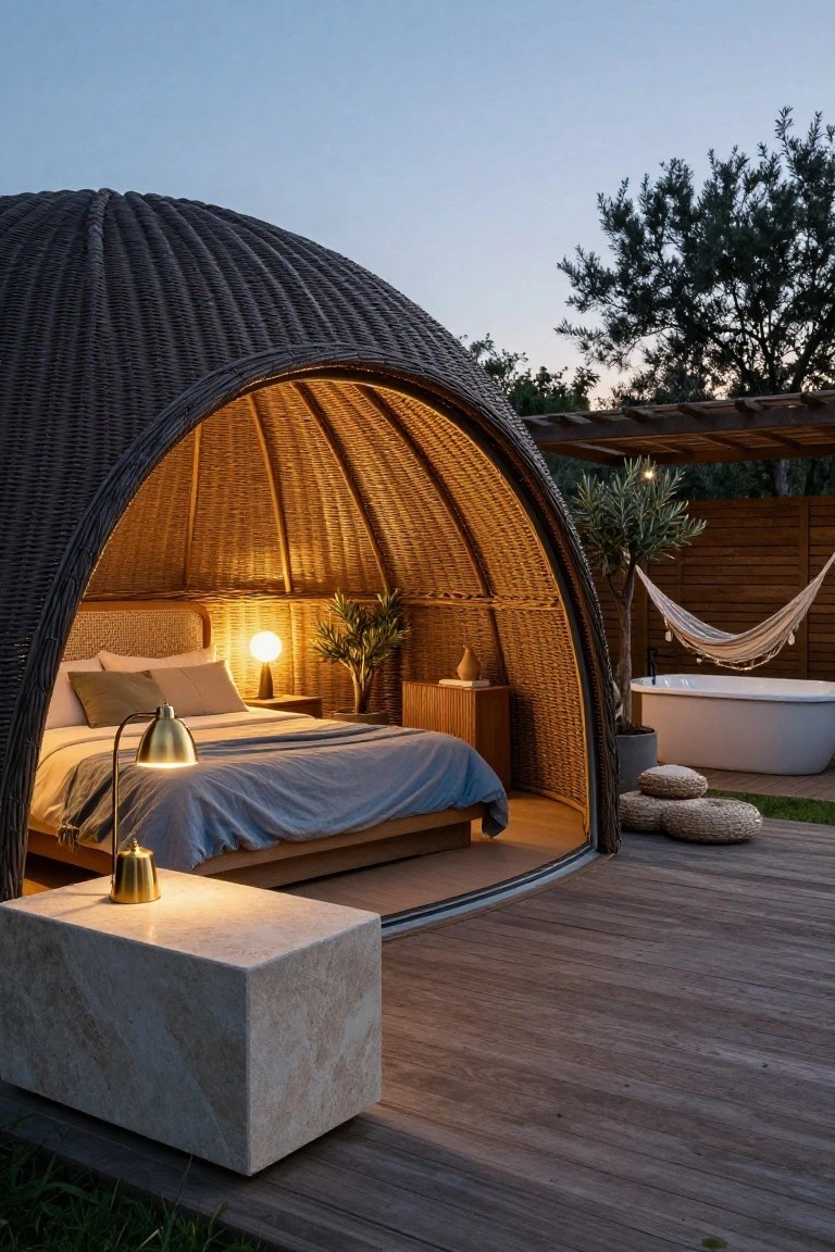 Open-sided woven dome hut containing a bed with blue bedding and lamps on a wooden deck next to a white clawfoot bathtub, stone side table with lamp, woven poufs, potted plants, and hammock in a garden at dusk.
