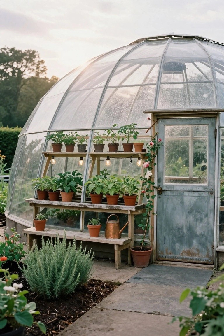 Geodesic dome greenhouse with glass panels, a weathered blue metal door, wooden tiered shelves and bench holding terracotta pots of plants, copper watering can, rosemary bush, flower beds, and stone path.