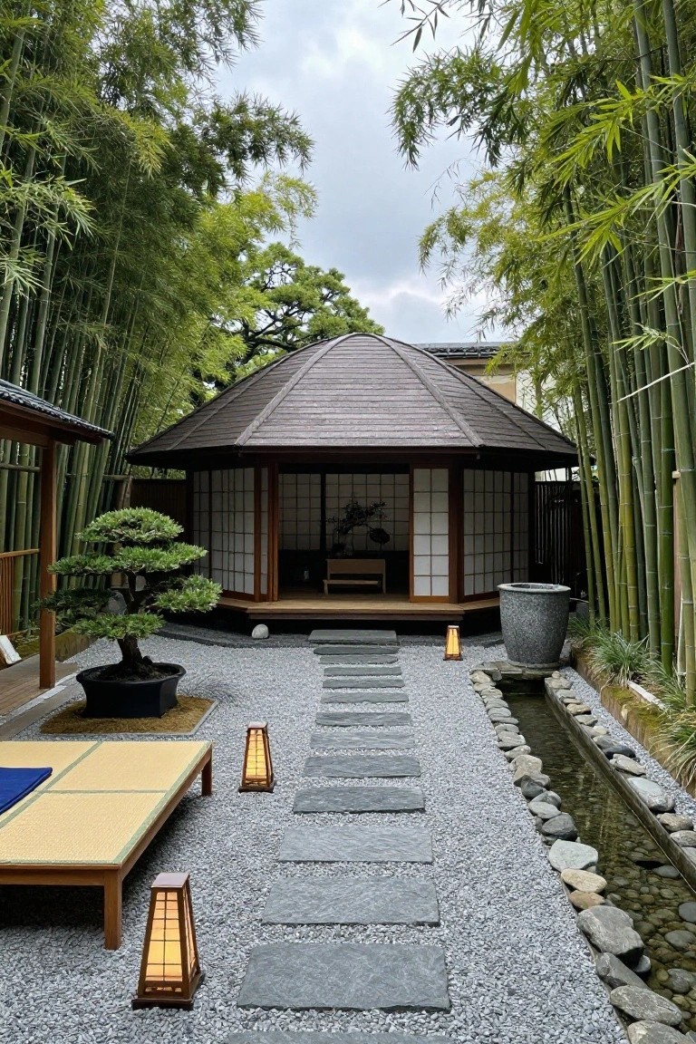 Hexagonal wooden pavilion with shoji screens centered in a bamboo garden, stone stepping path through gravel, stone lanterns, bonsai tree in pot, and narrow water channel alongside.
