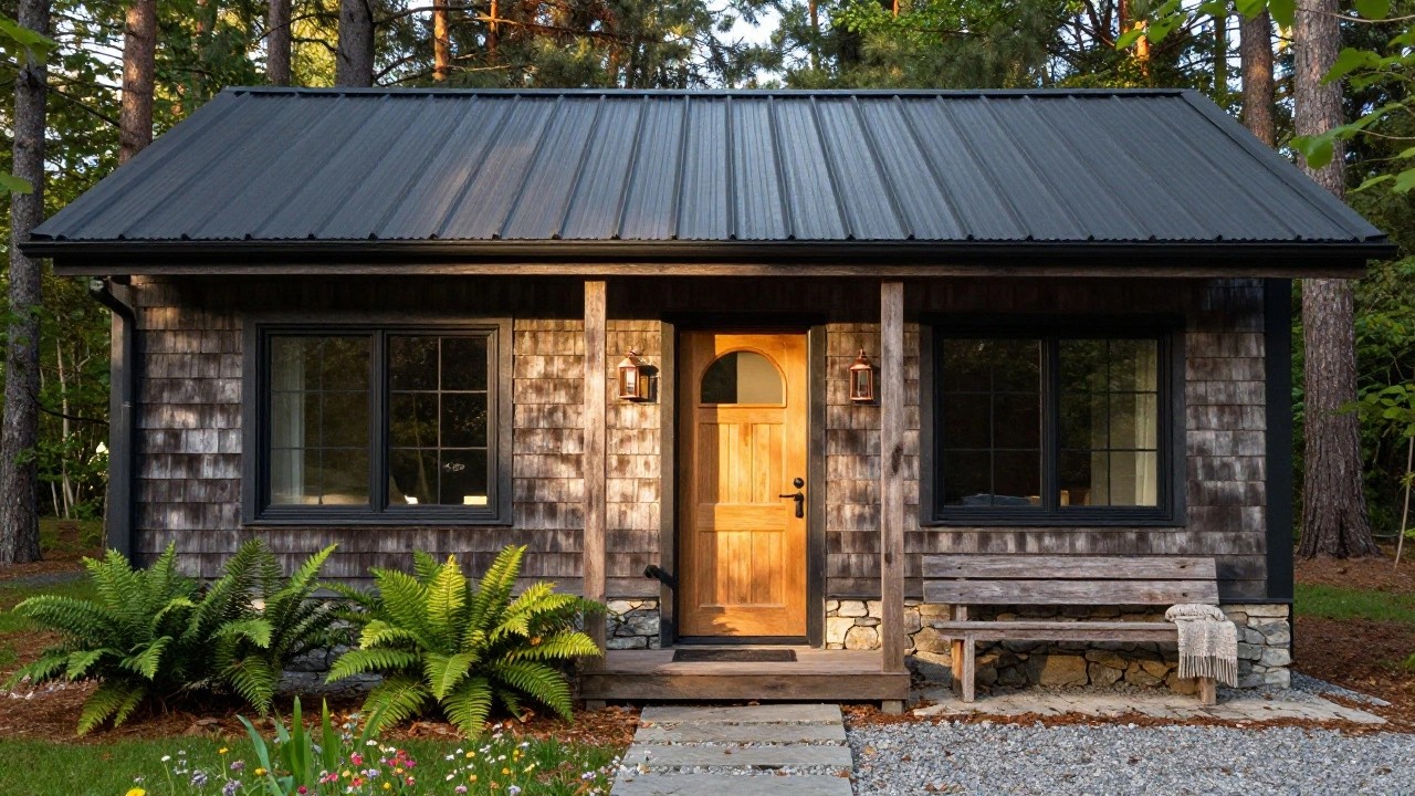 Small shingled cottage exterior with black arched front door, copper lanterns, wooden bench with blanket on stone base, steps, ferns, and surrounding trees.