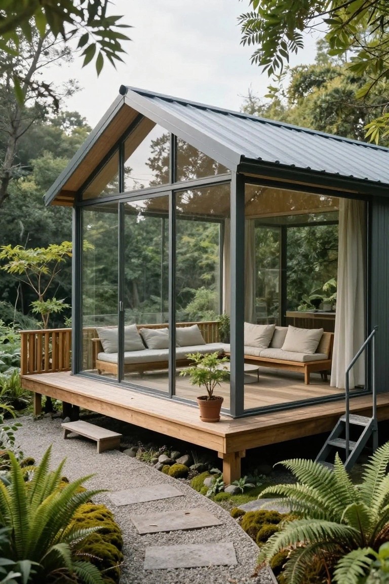 A small elevated wooden cabin with a gabled dark metal roof and extensive floor-to-ceiling glass walls on a deck, surrounded by dense green forest foliage, ferns, and a stone path with steps leading up.