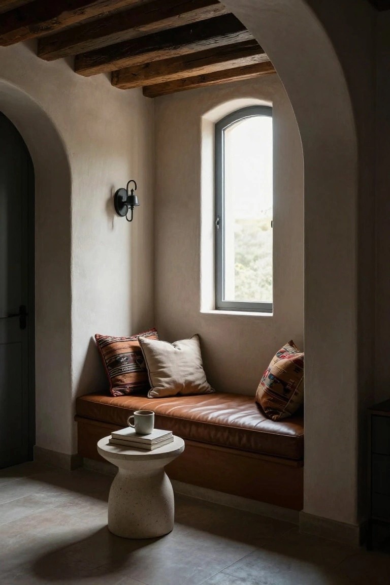 Arched interior alcove with built-in tan leather bench seat under a tall narrow window, topped with colorful patterned pillows and a beige one, small white stone pedestal table holding stacked books and a white mug on tiled floor.