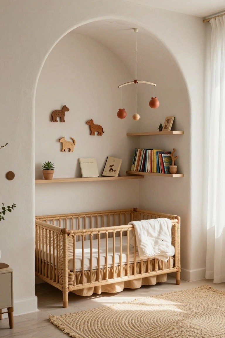 Minimalist nursery interior with a rattan crib in a white curved arch alcove, light wood floating shelves holding books and plants, wooden animal wall hangings, a wooden mobile with terracotta balls overhead, and neutral tones throughout.