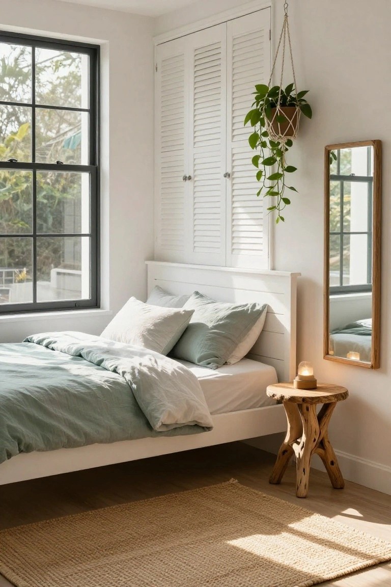 Bright small bedroom interior with white bedframe and sage green white linens next to large black-framed grid window overlooking greenery, wooden tripod stool side table with glass dome lamp, macrame hanging plant, slatted white wardrobe doors, full-length wood mirror, and jute rug on wood floor.