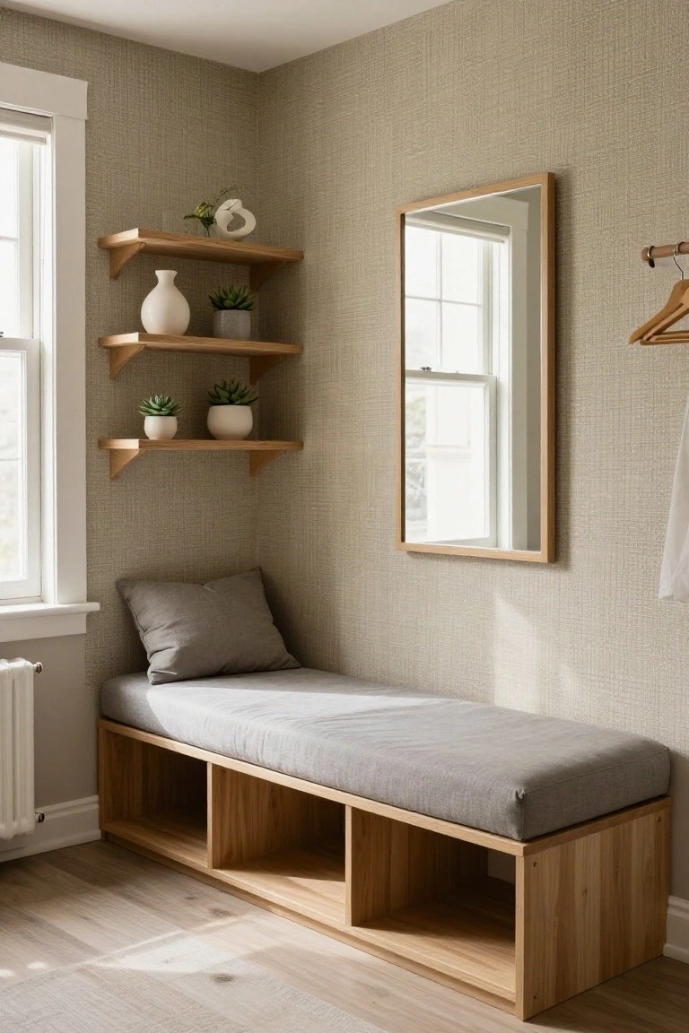 Corner of a beige-textured room with wooden floating shelves holding white vases and potted succulents, a tall oak-framed mirror, wooden coat hook, and low built-in oak bench with gray cushions and open storage cubbies below, next to a window and radiator on light wood floors.