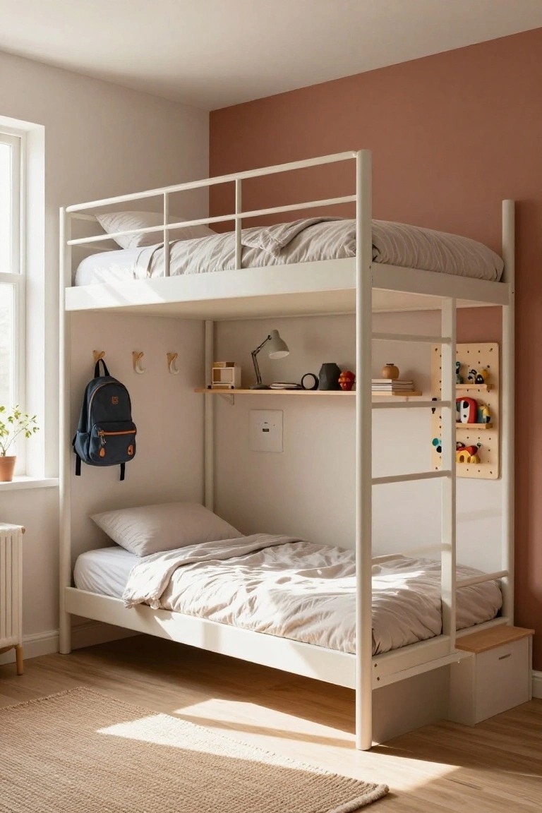 White metal bunk bed in a small bedroom with pink accent wall, lower bed made up with white linens, upper bed empty, backpack on wall hooks, shelves with books and toys, pegboard with wooden figures.