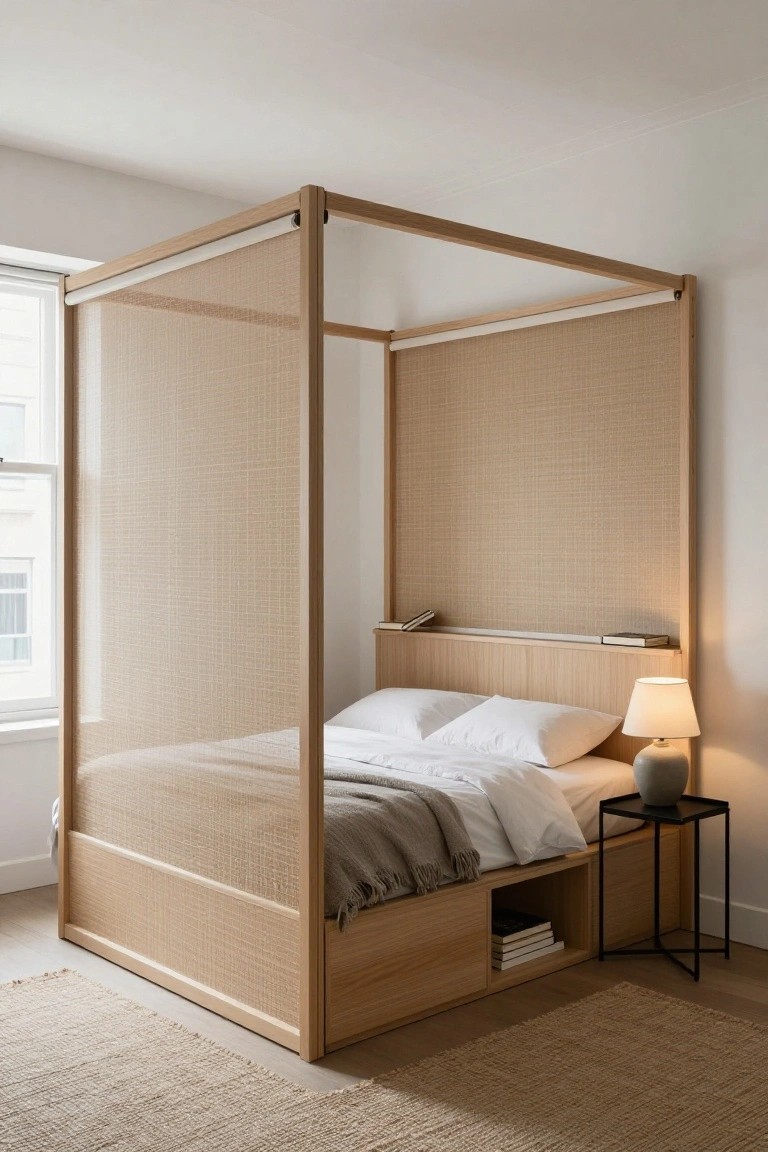 A small bedroom with a light wooden canopy bed frame featuring beige woven screens on three sides, white bedding with gray throw, black metal side table and lamp, built-in lower shelf with books, seagrass rug, and window with sheer blinds.