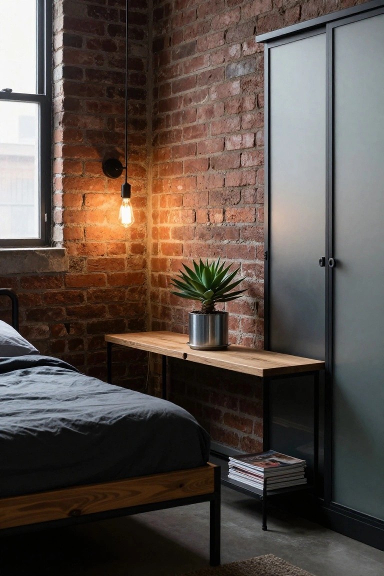 Small bedroom with exposed brick walls, black metal bed frame draped in gray linens, wooden side table holding potted agave plant and stacked magazines, tall gray wardrobe, and hanging Edison bulb light near a window.