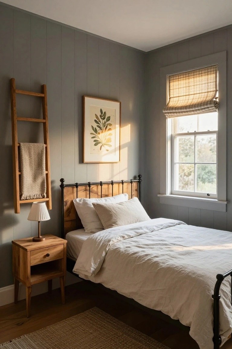 Small bedroom corner featuring gray shiplap walls, black metal bed frame with white linen bedding, wooden nightstand and lamp, oak ladder draped with a cream blanket, and window with bamboo shade.