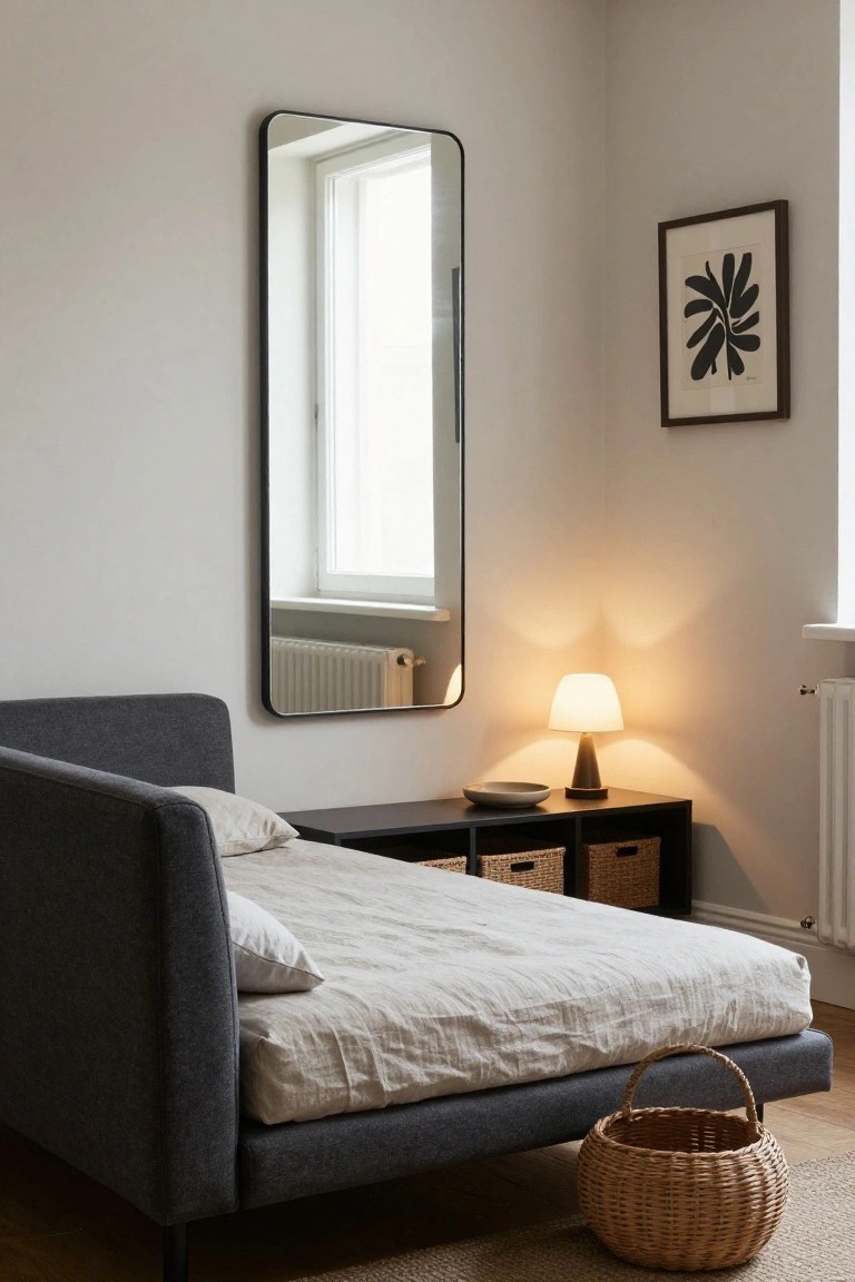 Small bedroom with gray upholstered daybed, tall narrow black-framed wall mirror reflecting window and radiator, bedside lamp on black shelf with baskets, and wicker basket on wood floor.