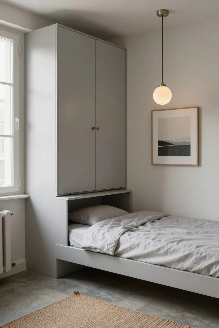 Small bedroom featuring a tall grey built-in wardrobe with an integrated open niche for a low bed platform, white walls, a pendant light, framed landscape artwork, radiator, and seagrass rug on concrete floor.