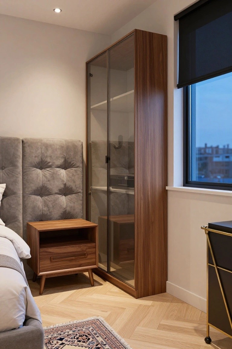 Modern bedroom with tall walnut wardrobe featuring glass doors positioned in corner next to gray tufted headboard bed, wooden nightstand with drawer, black roller blind on window, herringbone oak flooring, and patterned rug.