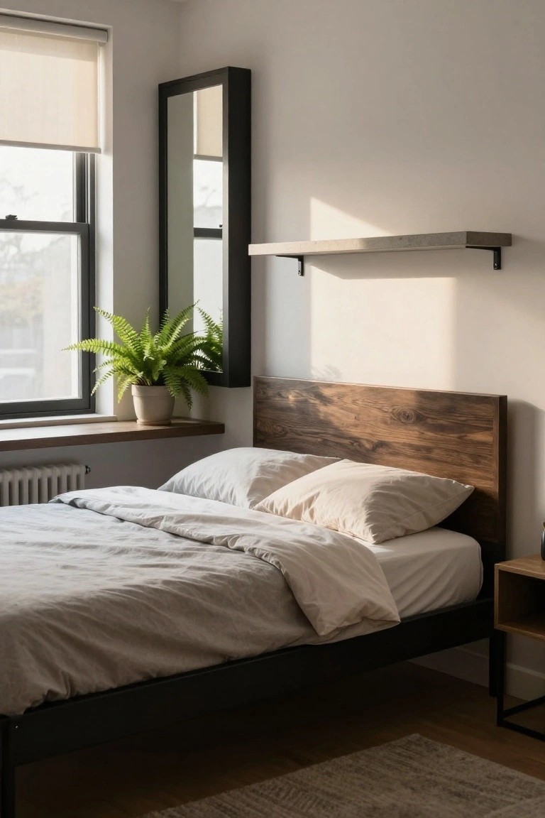 A small modern bedroom with a platform bed featuring a dark wooden headboard, light gray linen bedding, a potted fern on the windowsill, a black-framed mirror, and soft natural light through blinds.
