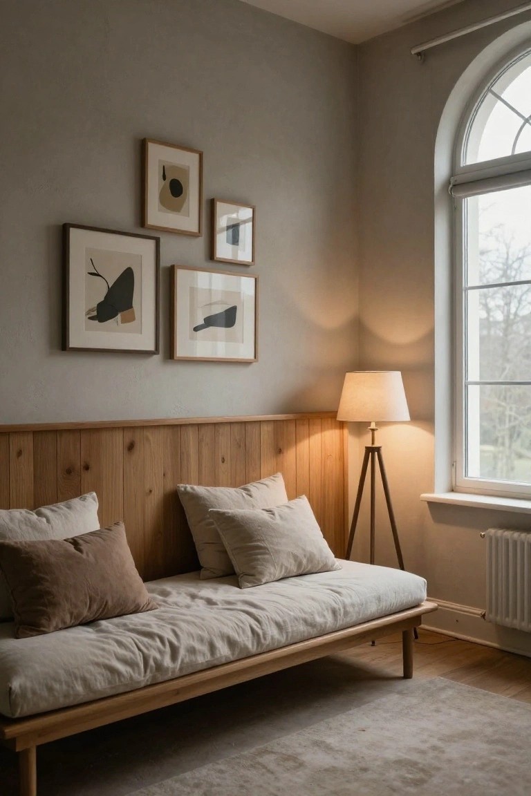 Corner of a bedroom featuring a low wooden daybed with neutral pillows against light wood-paneled wall, abstract artworks above, tripod floor lamp, arched window with blinds, and radiator nearby.