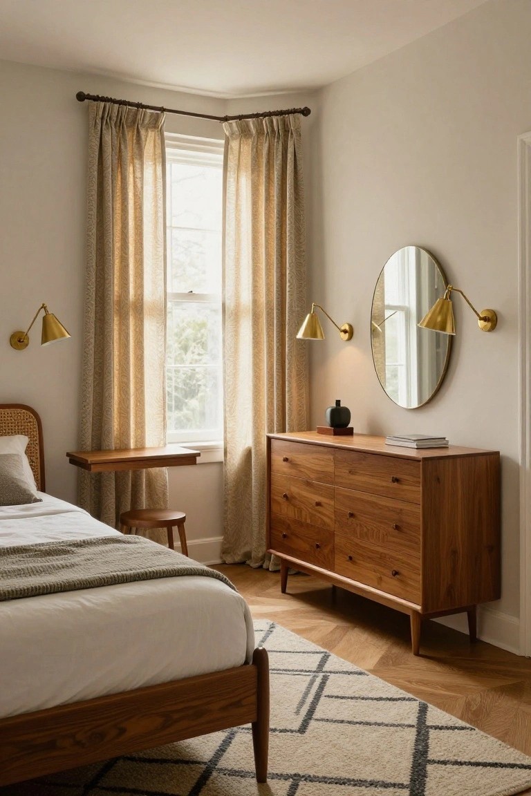 A small bedroom corner with a low wooden bed frame, rattan headboard, tall wooden dresser topped with a vase and books, gold sconce lights flanking a round mirror, sheer patterned curtains on a window, and herringbone wood flooring.