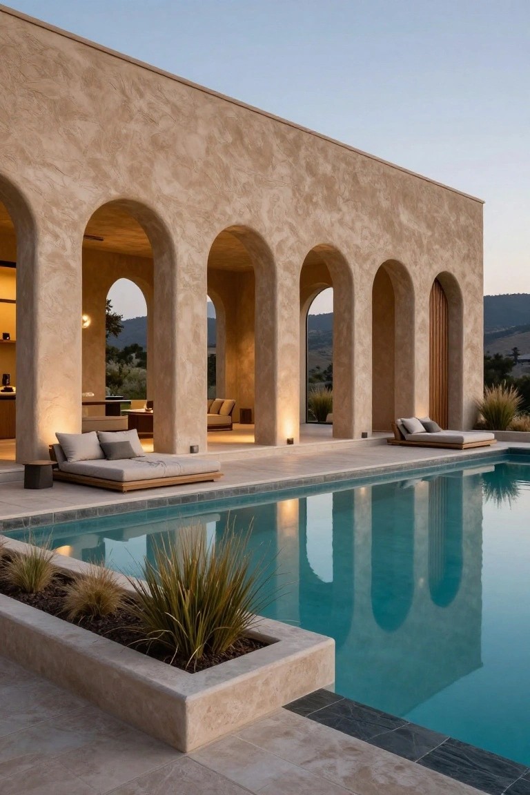 Beige stucco wall with five rounded arches overlooking a turquoise rectangular pool, wooden daybeds with cushions on the pool deck near potted grasses, against a hilly landscape at dusk.