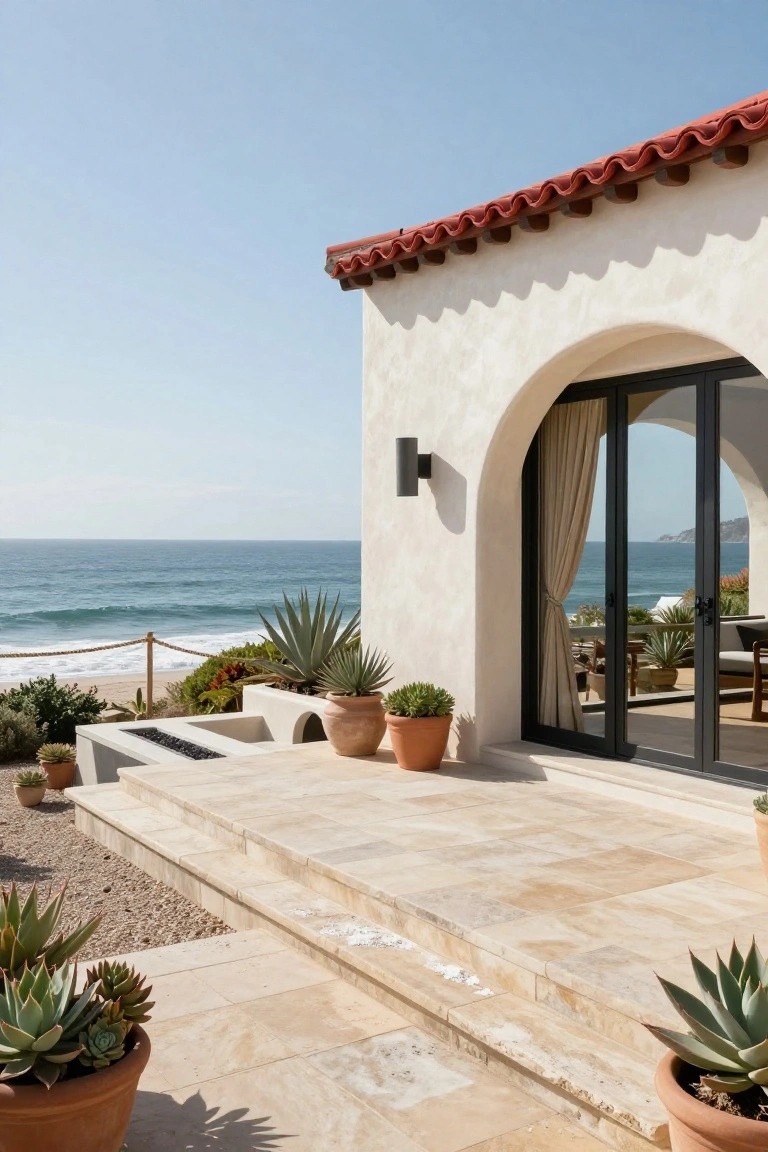 White stucco exterior wall of a house with red tile roof and a large arched black-framed sliding glass door partially open to a beige stone terrace featuring a built-in linear fire pit, potted succulents and agaves, steps leading down to gravel landscaping, and ocean waves in the background.