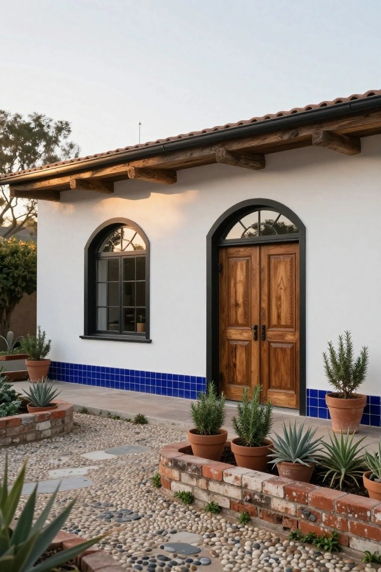 White stucco hacienda-style house exterior with black-framed arched double wooden doors, matching window, blue tile base, exposed wood beams, terracotta roof, gravel path, and potted succulents in raised brick beds.