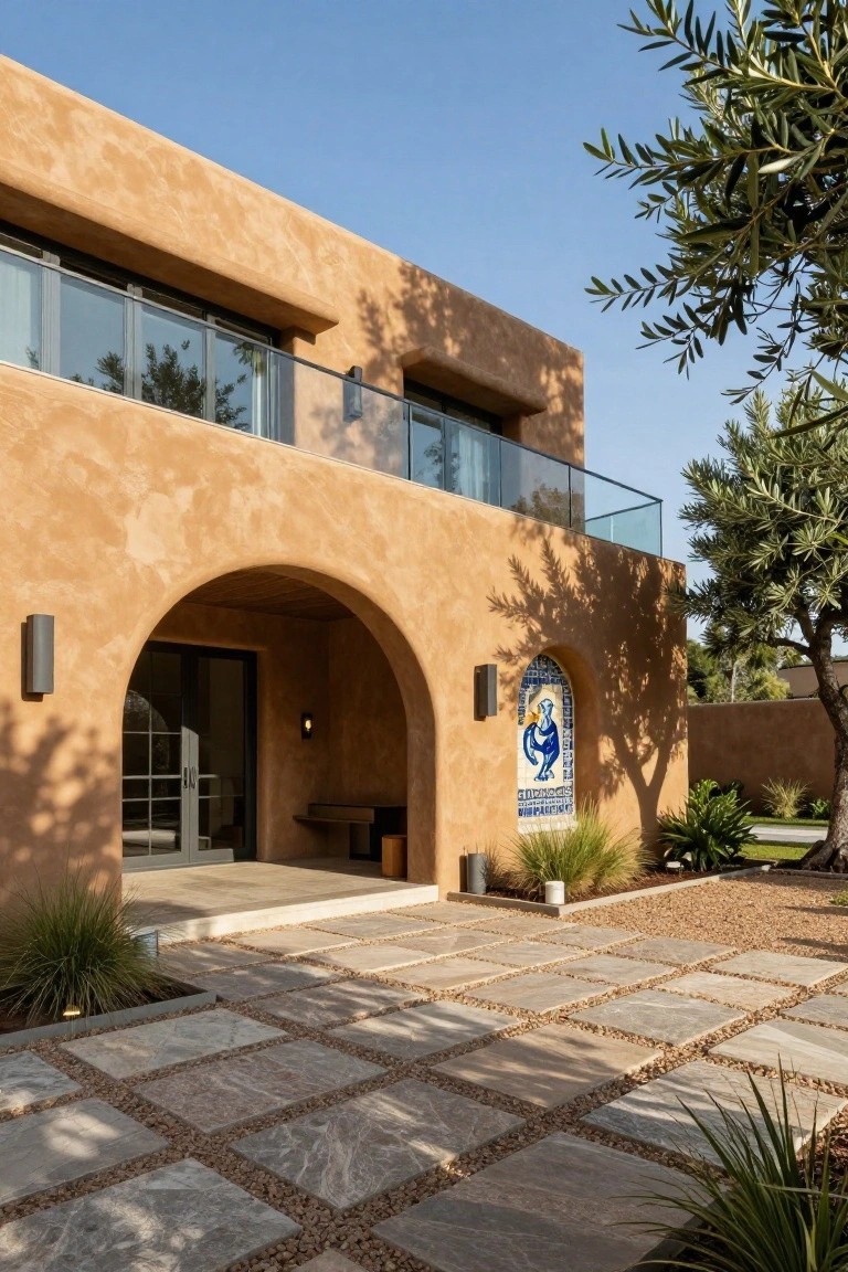 Tan stucco house exterior with rounded arch entryway, glass front doors, blue tiled wall niche, glass balcony above, stone paver patio with gravel inlays, potted plants, and olive trees in a sunny yard.