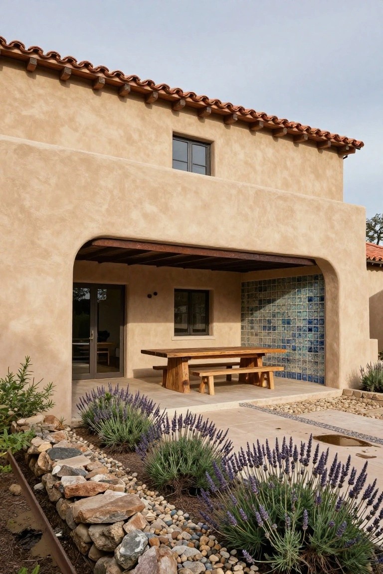 Beige stucco hacienda-style house with red tile roof, featuring an arched covered patio area with a long wooden dining table and benches, blue glass block wall tiles, open glass doors, and surrounding gravel landscaping with lavender plants and rock borders.