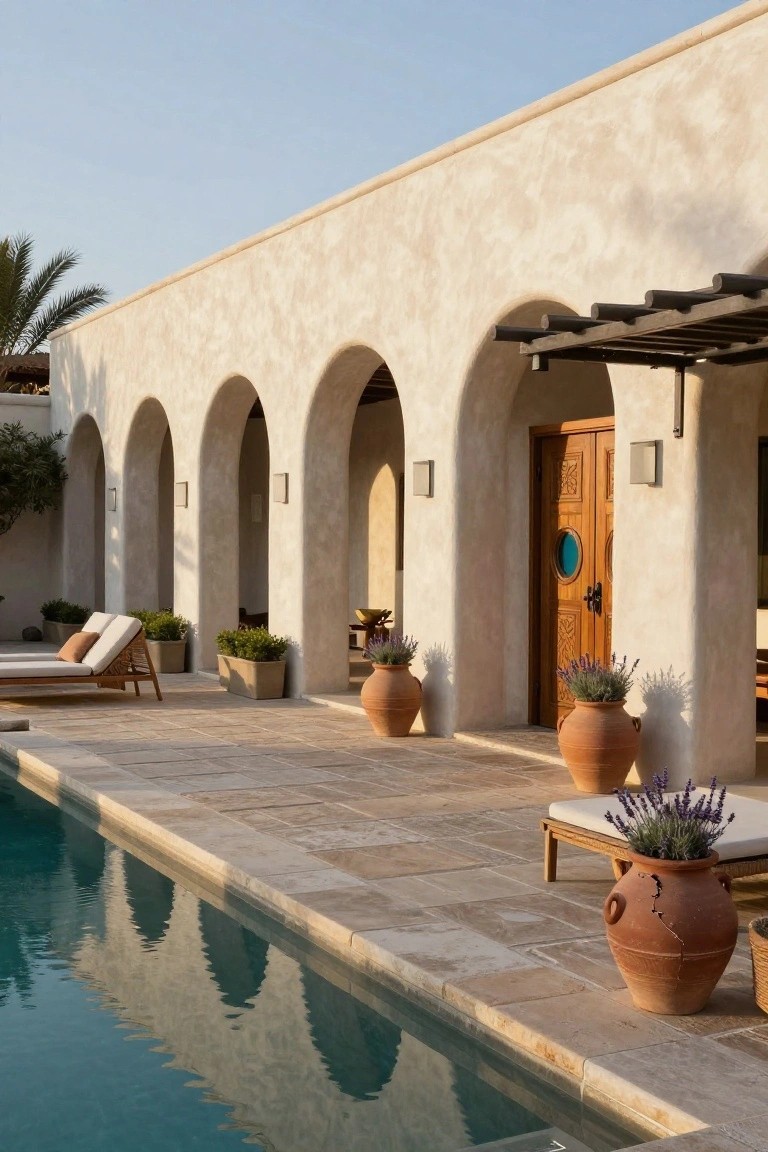 Beige stucco exterior wall with three wide arches along a stone pool terrace, wooden lounge chairs with cushions, large terracotta pots with lavender, and a turquoise pool reflecting the arches.