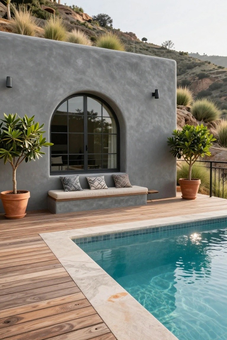 Gray stucco house wall with black-framed arched window, built-in cushioned bench with patterned pillows, two potted ficus trees in terracotta pots, wooden deck next to turquoise tiled pool edge, desert hillside backdrop.