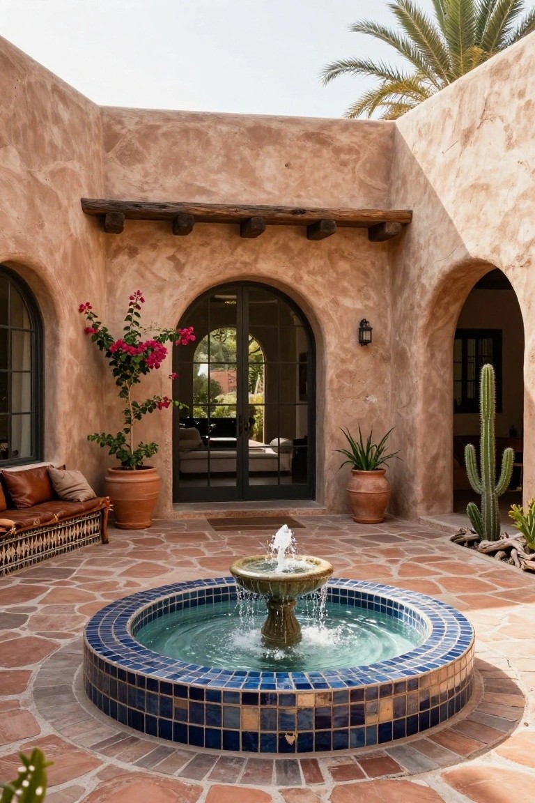 Sunlit hacienda-style courtyard with a central circular fountain featuring blue tiles and spouting water, terracotta paver floor, potted plants, leather bench seating, arched doorways, and desert vegetation.