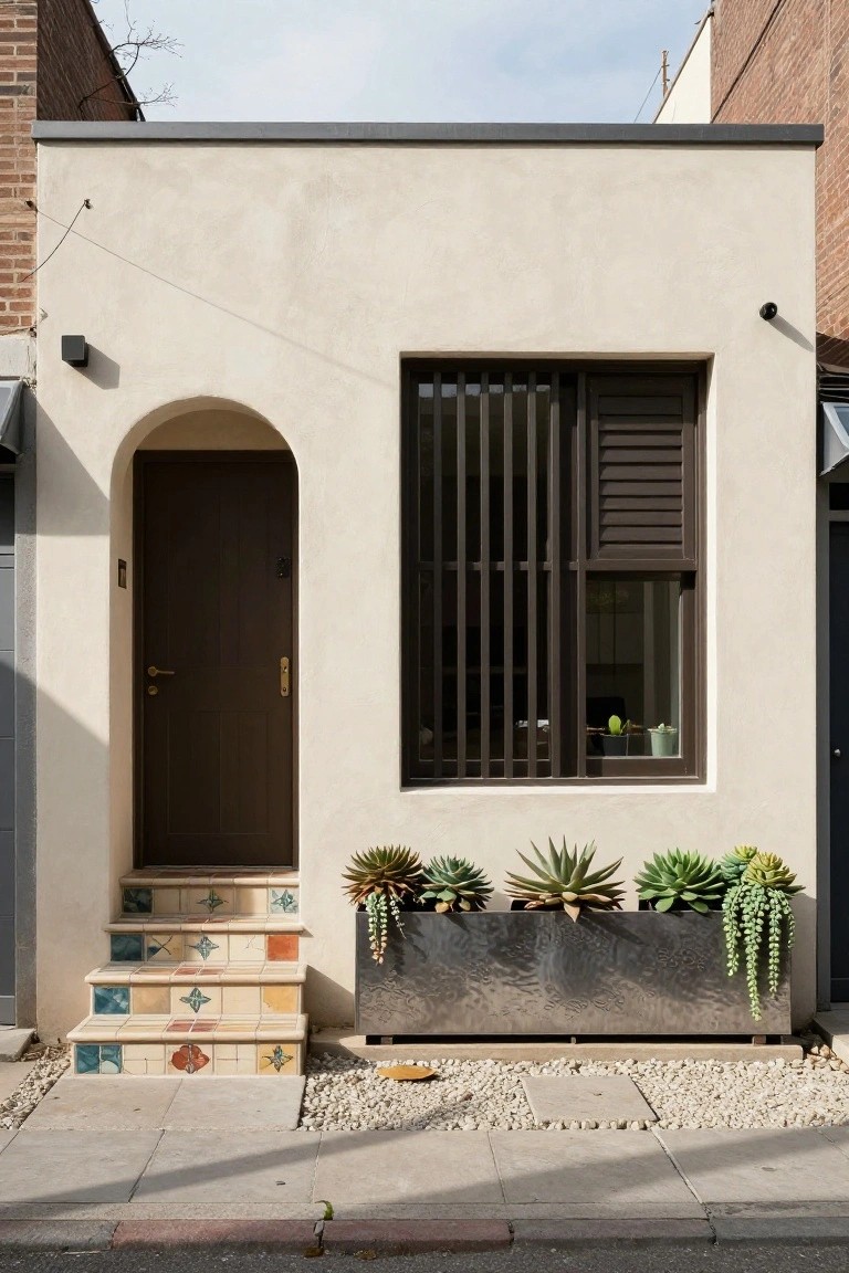Beige stucco single-story house exterior featuring a dark wood door under a white arched entryway, louvered window with dark slats, colorful patterned tile steps, and a metal planter box filled with succulents on a paved sidewalk.