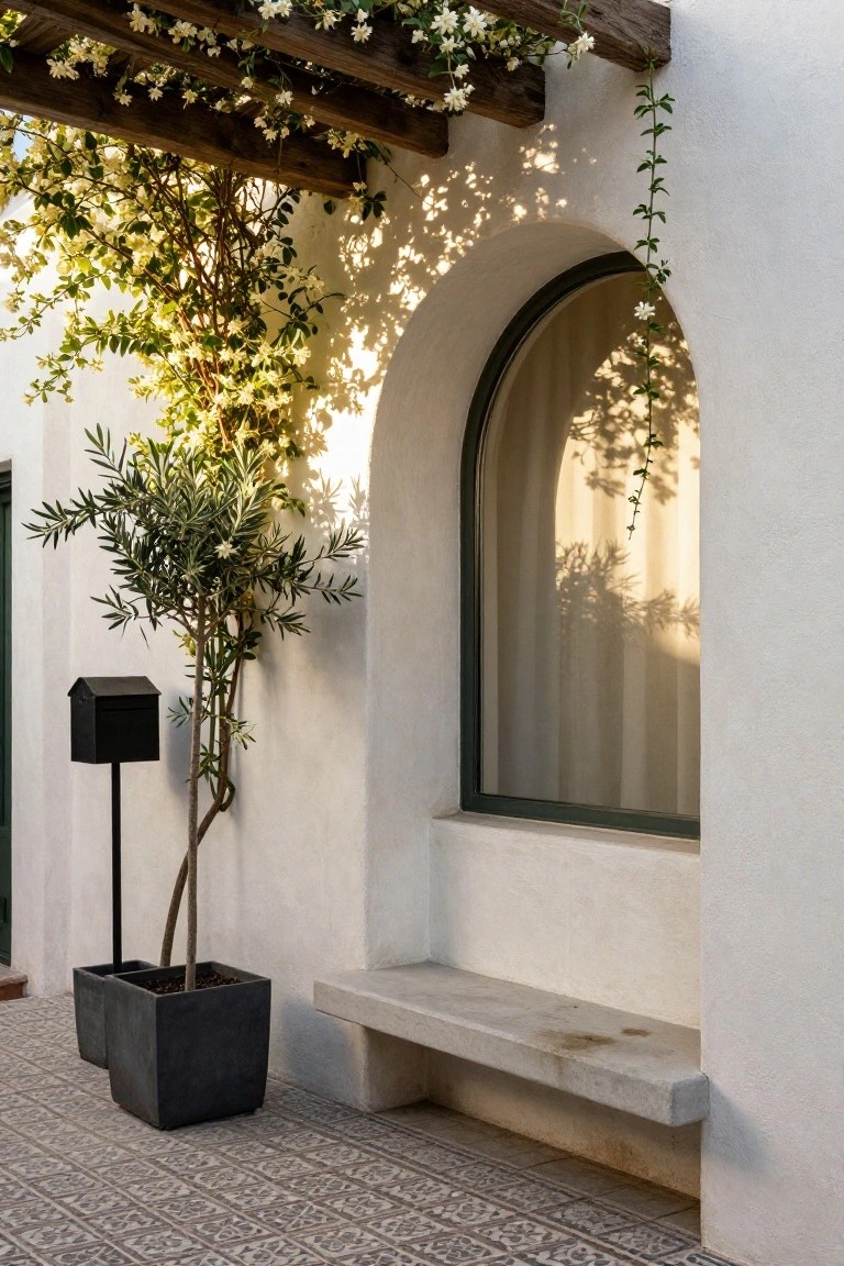 White stucco exterior wall with arched window, vine-covered wooden pergola overhead, potted olive tree on stand next to black mailbox, concrete bench, and patterned tile floor in outdoor courtyard.