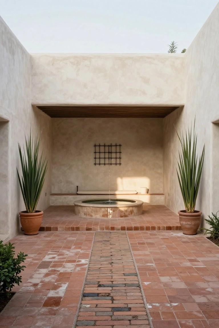 Outdoor courtyard enclosed by beige stucco walls featuring a central circular sunken fountain with water, built-in benches, potted yucca plants on sides, a metal grid wall sculpture, and a terracotta brick pathway leading to it.