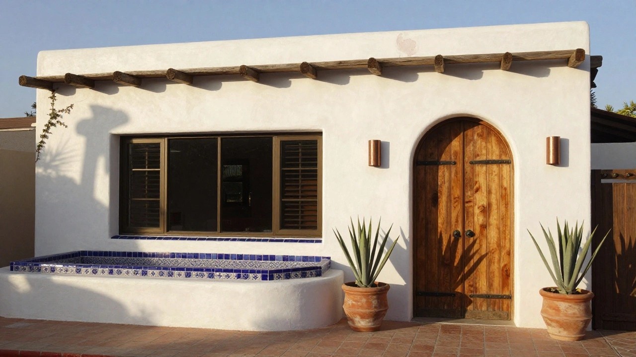 White stucco hacienda-style house exterior with terracotta tile roof, open wooden double gates revealing a blue-tiled fountain on brick pavers, arched wooden entry door, and potted agave plants on either side.