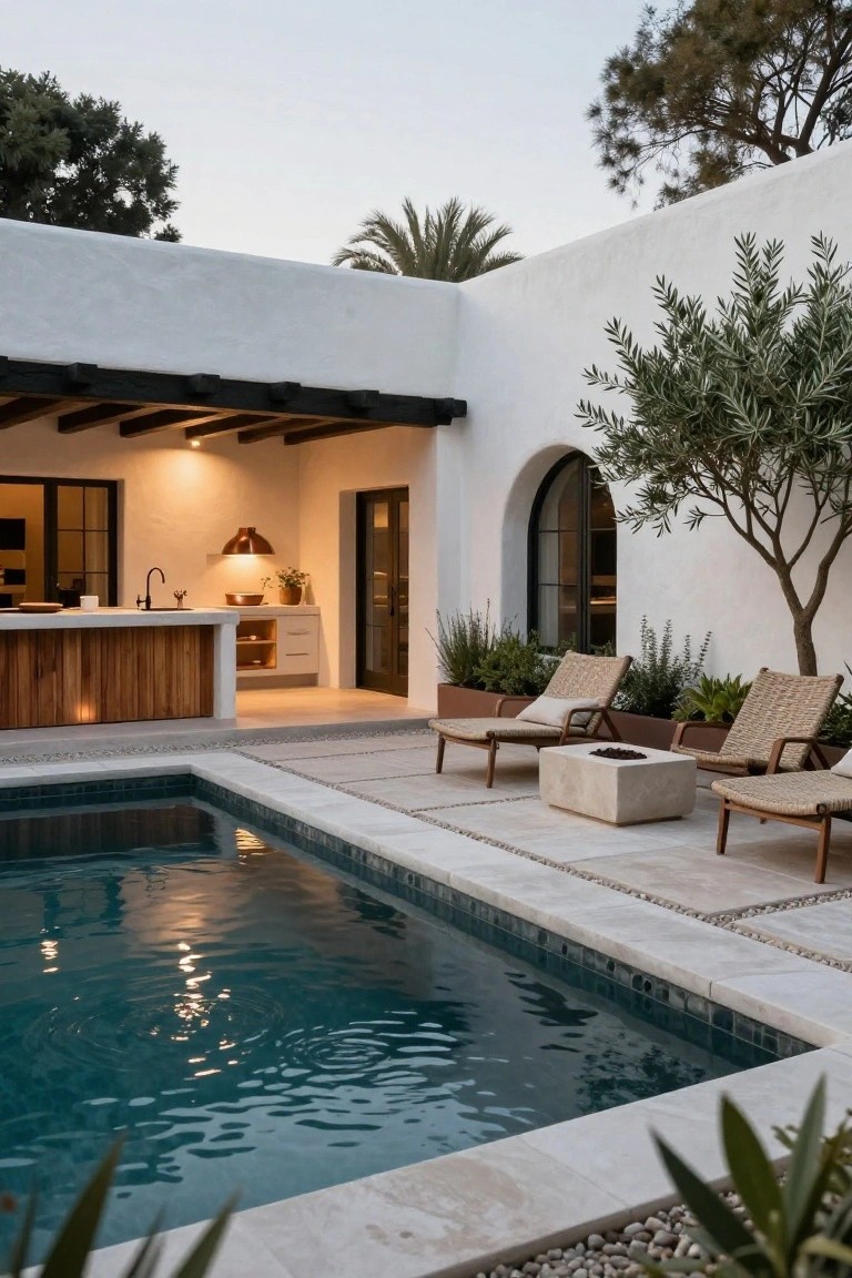 White stucco hacienda-style house with outdoor kitchen opening to a poolside patio featuring two woven lounge chairs flanking a square stone fire table, surrounded by plants and pebble accents.